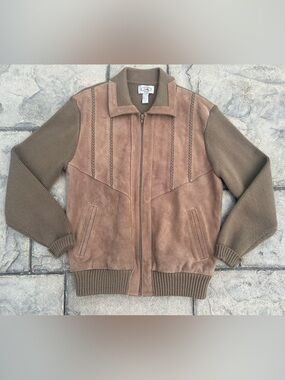 Vintage 80s Clear Creek tan suede & taupe knit full zip sweater jacket Medium
